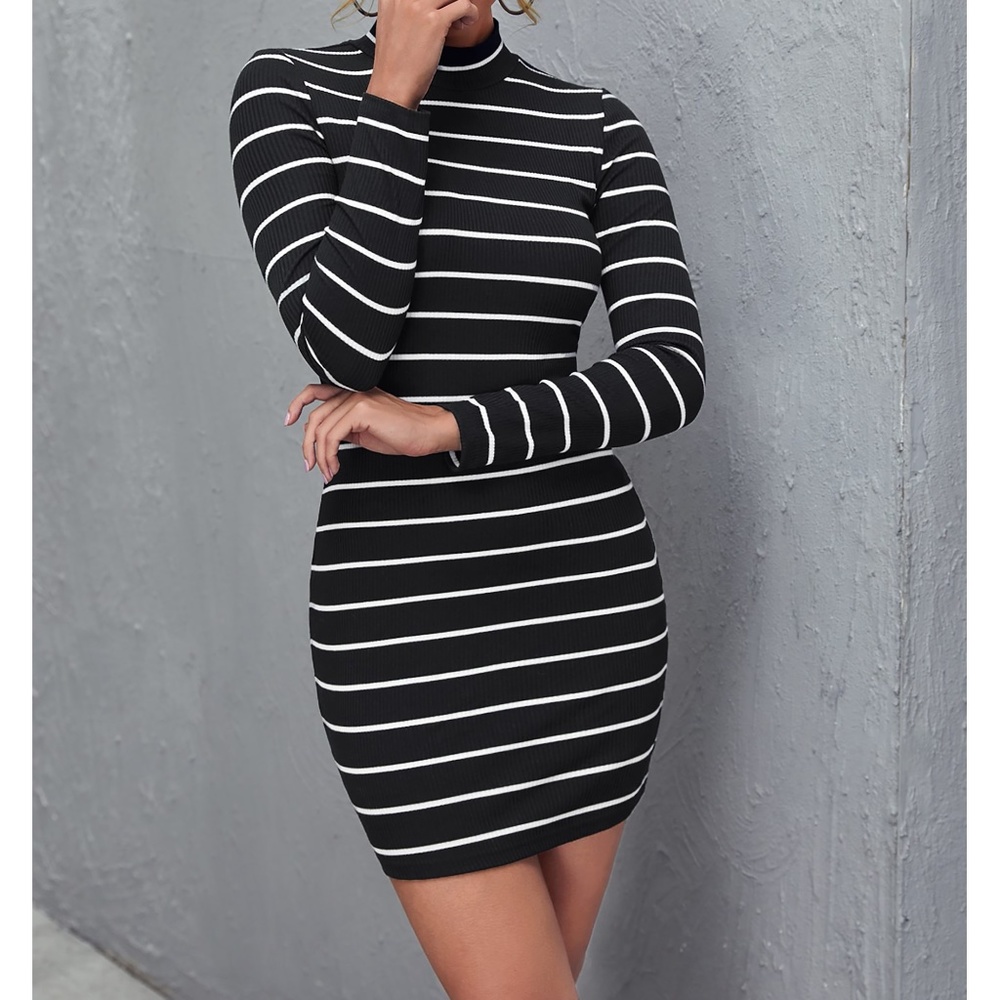 Black White Stripes Long Sleeve Bodycon Casual Mini Dress